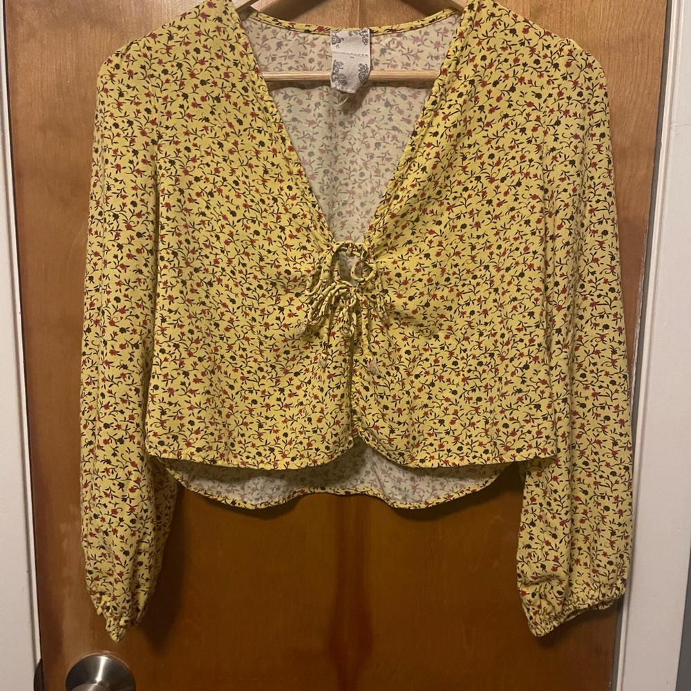 Blu Pepper Yellow and Red Floral Tie Front Crop Blouse